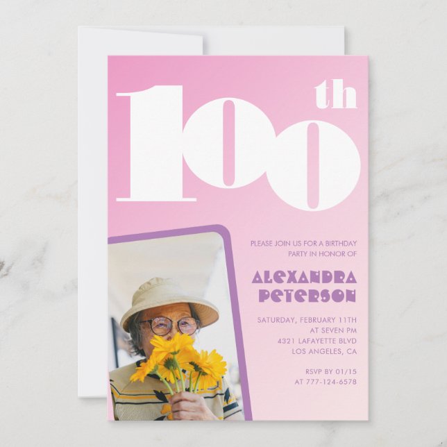 invitación de cumpleaños número 100 rosa para su f (Anverso)