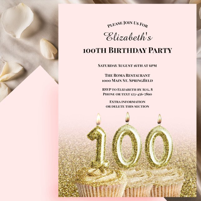 Invitación de cumpleaños número 100 rosa y dorado  (Subido por el creador)