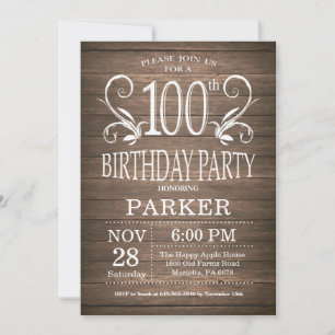 Invitación de cumpleaños número 100 rústica con fl