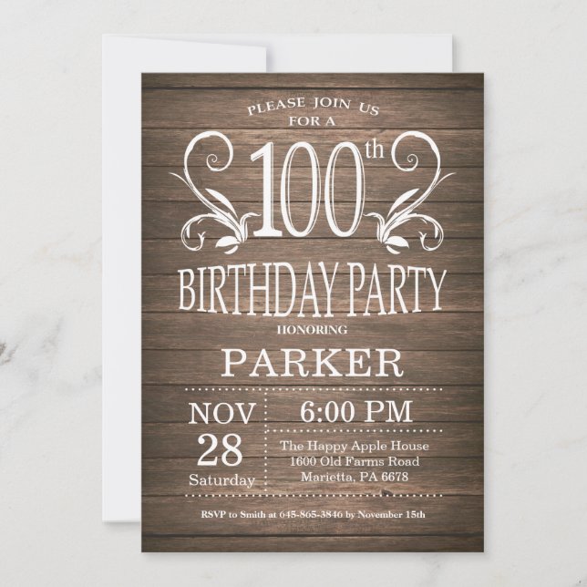 Invitación de cumpleaños número 100 rústica con fl (Anverso)