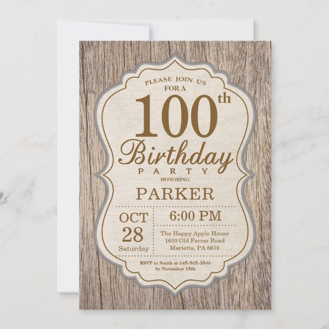 Invitación de cumpleaños número 100 rústica de mad (Anverso)