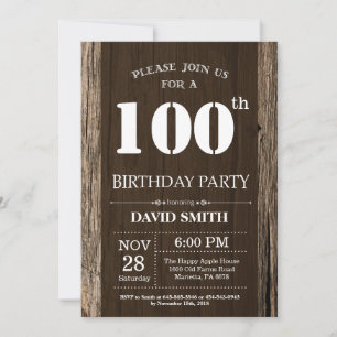 Invitación de cumpleaños número 100 rústica madera