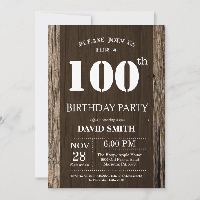 Invitación de cumpleaños número 100 rústica madera (Anverso)