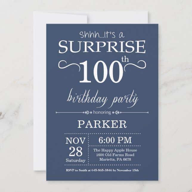 Invitación de cumpleaños número 100 sorpresa azul (Anverso)
