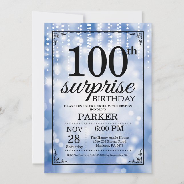 Invitación de cumpleaños número 100 sorpresa con b (Anverso)