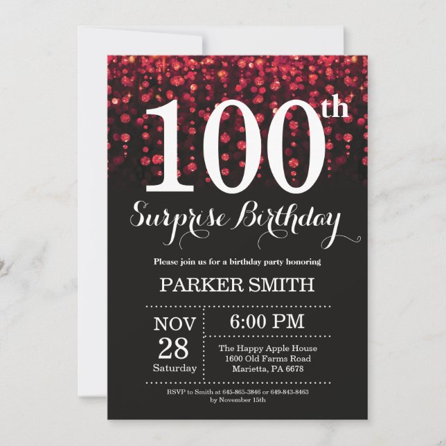 Invitación de cumpleaños número 100 sorpresa con b (Anverso)