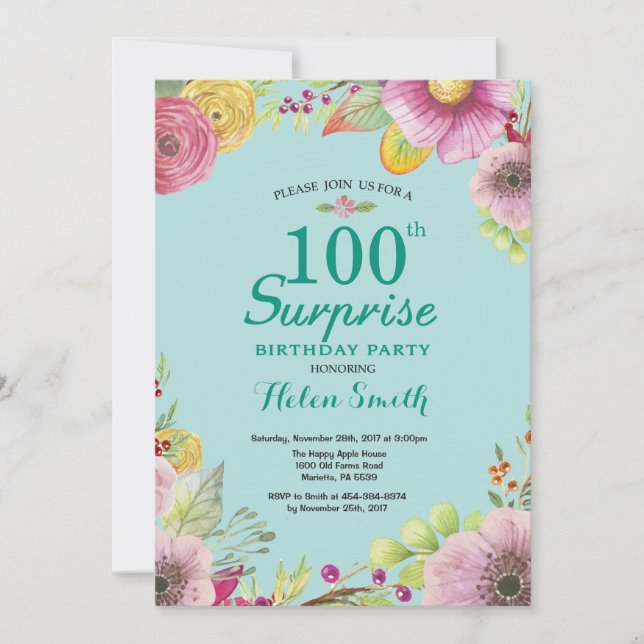Invitación de cumpleaños número 100 sorpresa flora (Anverso)