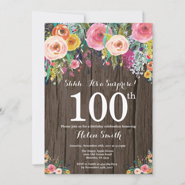 Invitación de cumpleaños número 100 sorpresa flora (Anverso)