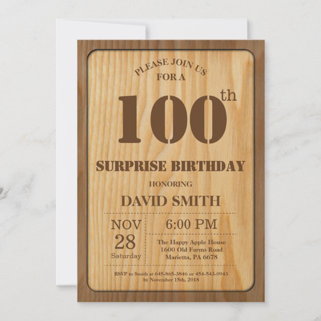 Invitación de cumpleaños número 100 sorpresa rústi (Anverso)