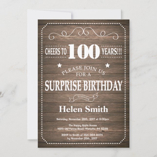 Invitación de cumpleaños número 100 sorpresa rústi (Anverso)