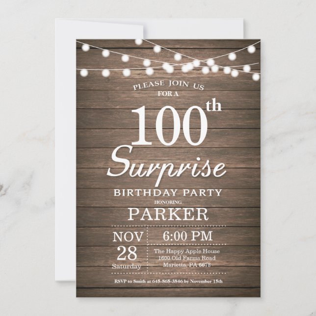 Invitación de cumpleaños número 100 sorpresa rústi (Anverso)