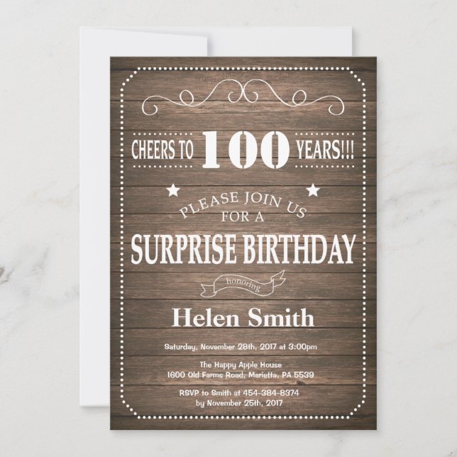 Invitación de cumpleaños número 100 sorpresa rústi (Anverso)