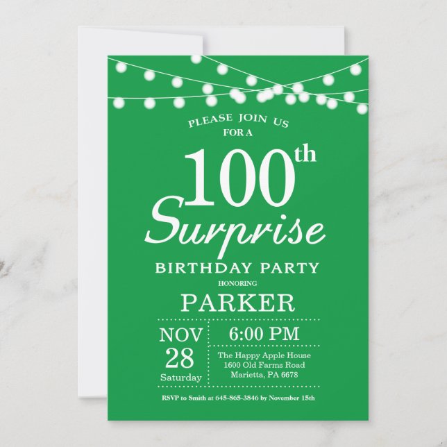 Invitación de cumpleaños número 100 sorpresa verde (Anverso)
