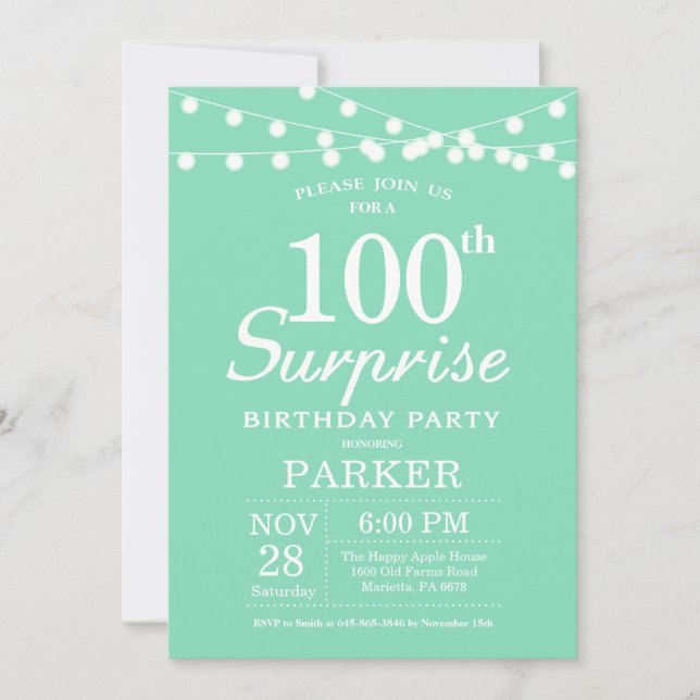 Invitación de cumpleaños número 100 sorpresa verde (Anverso)