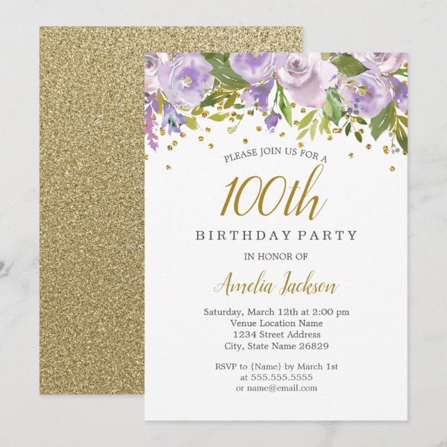 Invitación de cumpleaños número 100 Sparkle Floral (Anverso / Reverso)