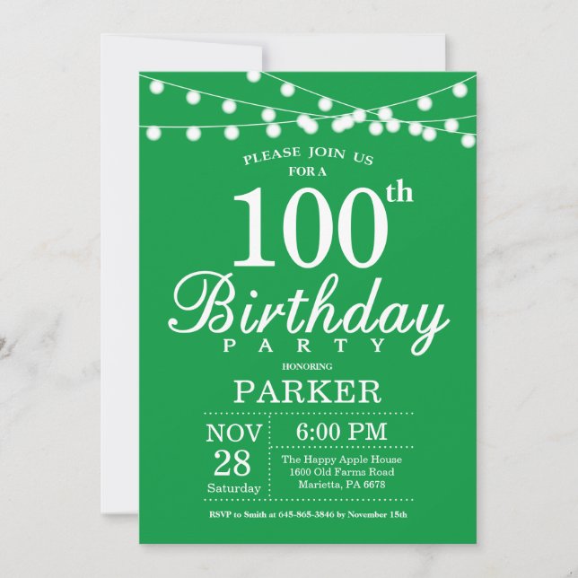 Invitación de cumpleaños número 100 verde (Anverso)