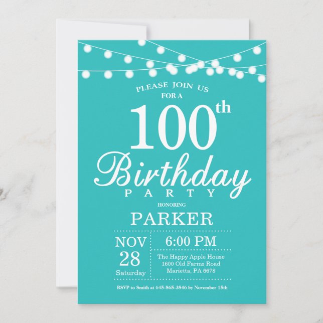 Invitación de cumpleaños número 100 Verde azulado  (Anverso)