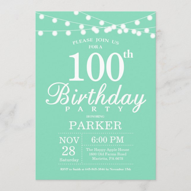 Invitación de cumpleaños número 100 verde menta (Anverso)