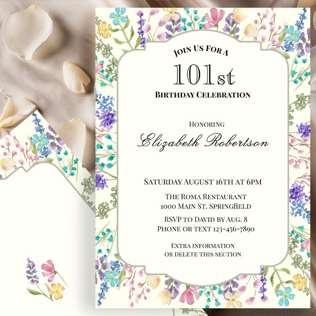 Invitación de cumpleaños número 101 con flores col (Subido por el creador)