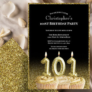 Invitación de cumpleaños número 101 negro y dorado