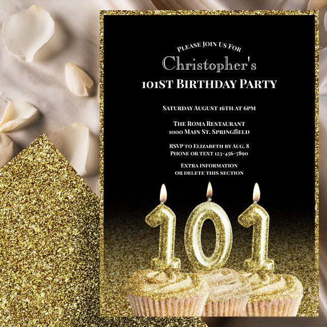Invitación de cumpleaños número 101 negro y dorado (Subido por el creador)