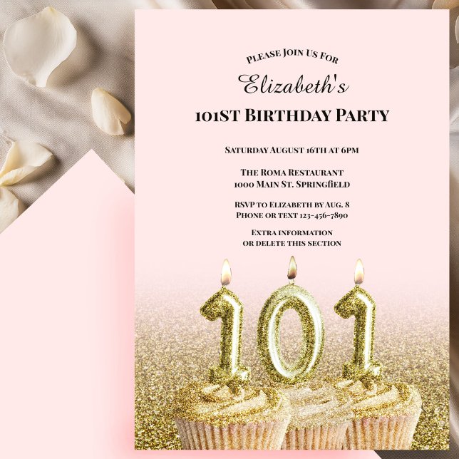 Invitación de cumpleaños número 101 rosa y dorado  (Subido por el creador)