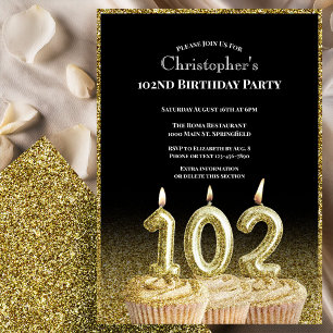 Invitación de cumpleaños número 102 en negro y dor