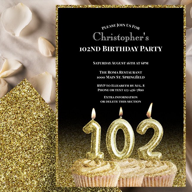 Invitación de cumpleaños número 102 en negro y dor (Subido por el creador)