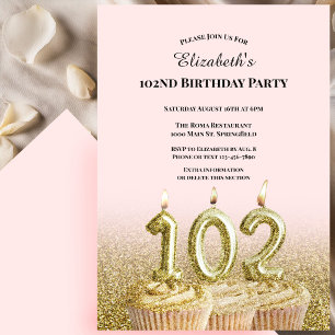 Invitación de cumpleaños número 102 rosa y dorado