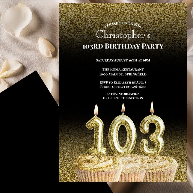 Invitación de cumpleaños número 103 negro y dorado (Subido por el creador)