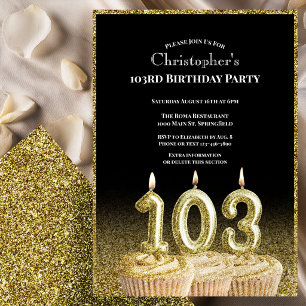 Invitación de cumpleaños número 103 negro y dorado