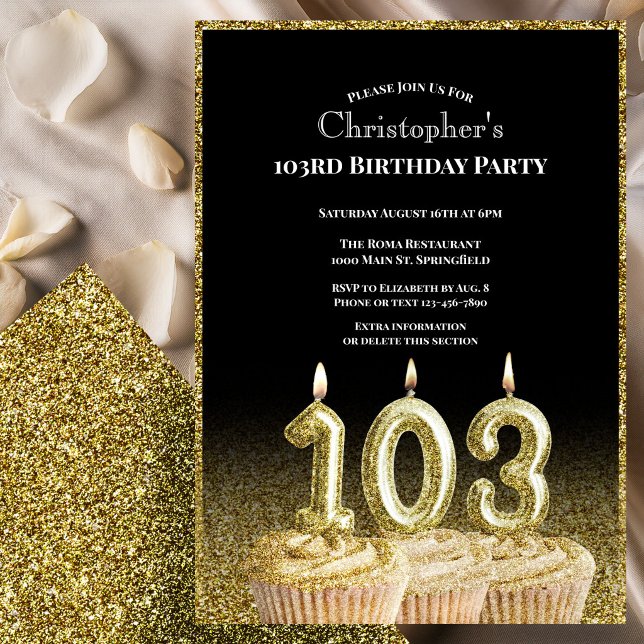 Invitación de cumpleaños número 103 negro y dorado (Subido por el creador)