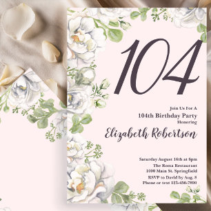 Invitación de cumpleaños número 104 con peonía flo