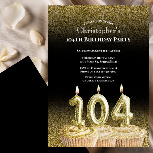 Invitación de cumpleaños número 104 negro y dorado