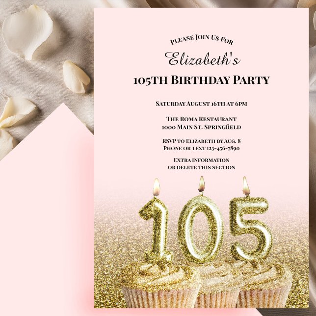Invitación de cumpleaños número 105 rosa y dorado  (Subido por el creador)