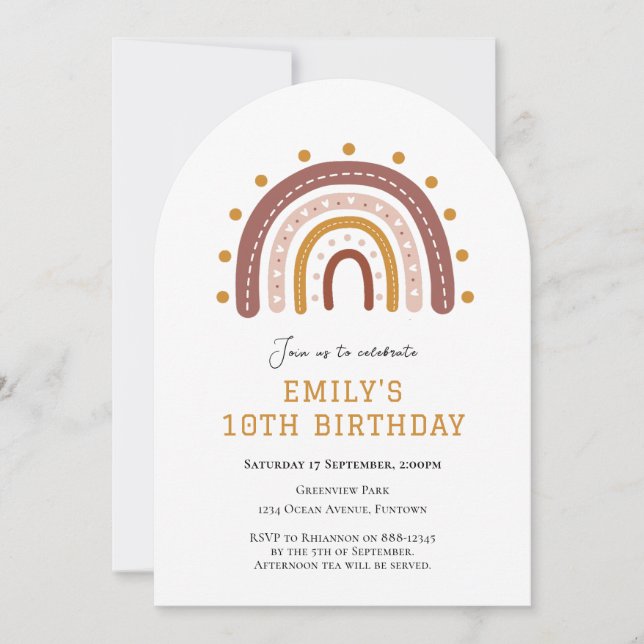 Invitación de cumpleaños número 10 Boho Arcoíris (Anverso)