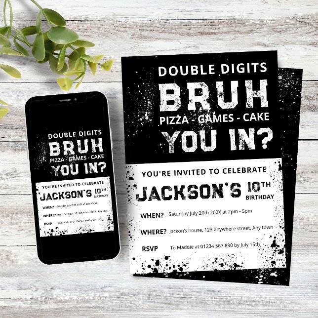 Invitación de cumpleaños número 10 'BRUH' para niñ (Boys Double Digit 10th Birthday Invitation, Black and White Grunge design)