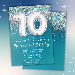 Invitación de cumpleaños número 10 con brillo teal