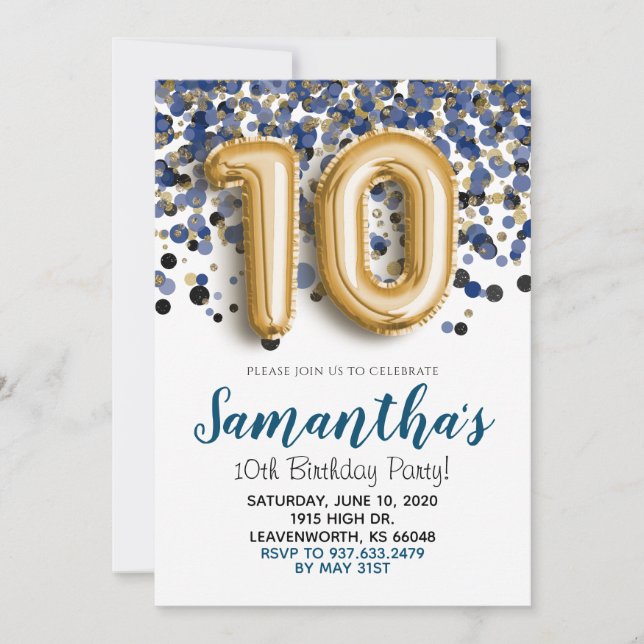 Invitación de cumpleaños número 10 con confeti dor (Anverso)