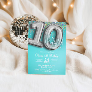 invitación de cumpleaños número 10 con purpurina a