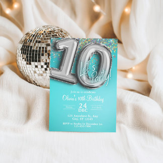 invitación de cumpleaños número 10 con purpurina a
