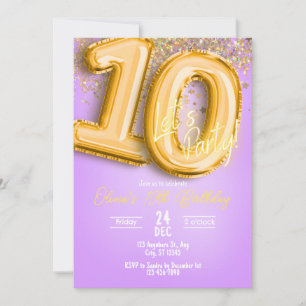 Invitación de cumpleaños número 10 con purpurina p