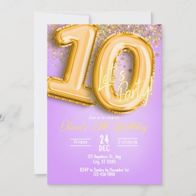 Invitación de cumpleaños número 10 con purpurina p (Anverso)