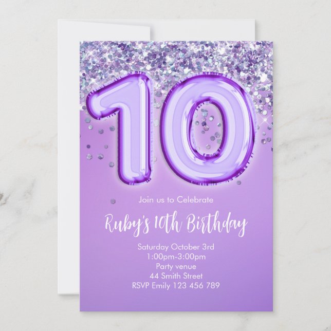 Invitación de cumpleaños número 10 con purpurina p (Anverso)