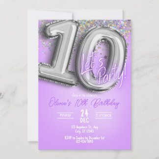 Invitación de cumpleaños número 10 con purpurina p