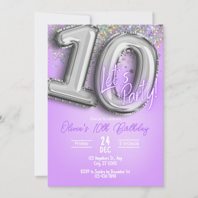 Invitación de cumpleaños número 10 con purpurina p (Anverso)