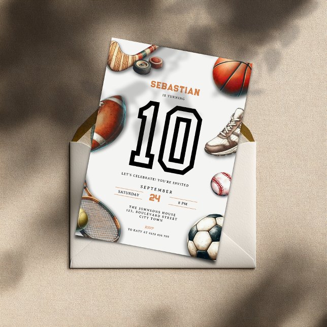 Invitación de cumpleaños número 10 de All Star Spo (All Star Sports 10th birthday invitation for teenager boys)