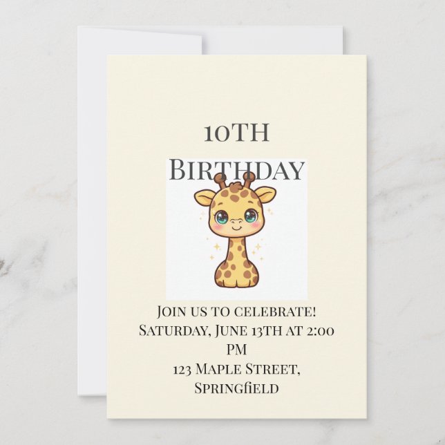 Invitación de cumpleaños número 10 de jirafa bebé  (Anverso)