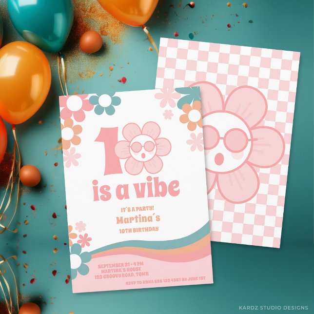 Invitación de Cumpleaños número 10 de la Chica Ret (The front and back of the invitation are shown at 5x7-inch size. Choose size, paper, + corner style.)