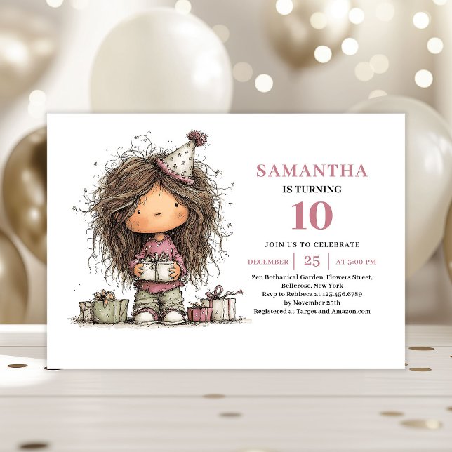 Invitación de cumpleaños número 10 de niña con luj (Cute Whimsy Girl 10th Birthday Invite Pink)